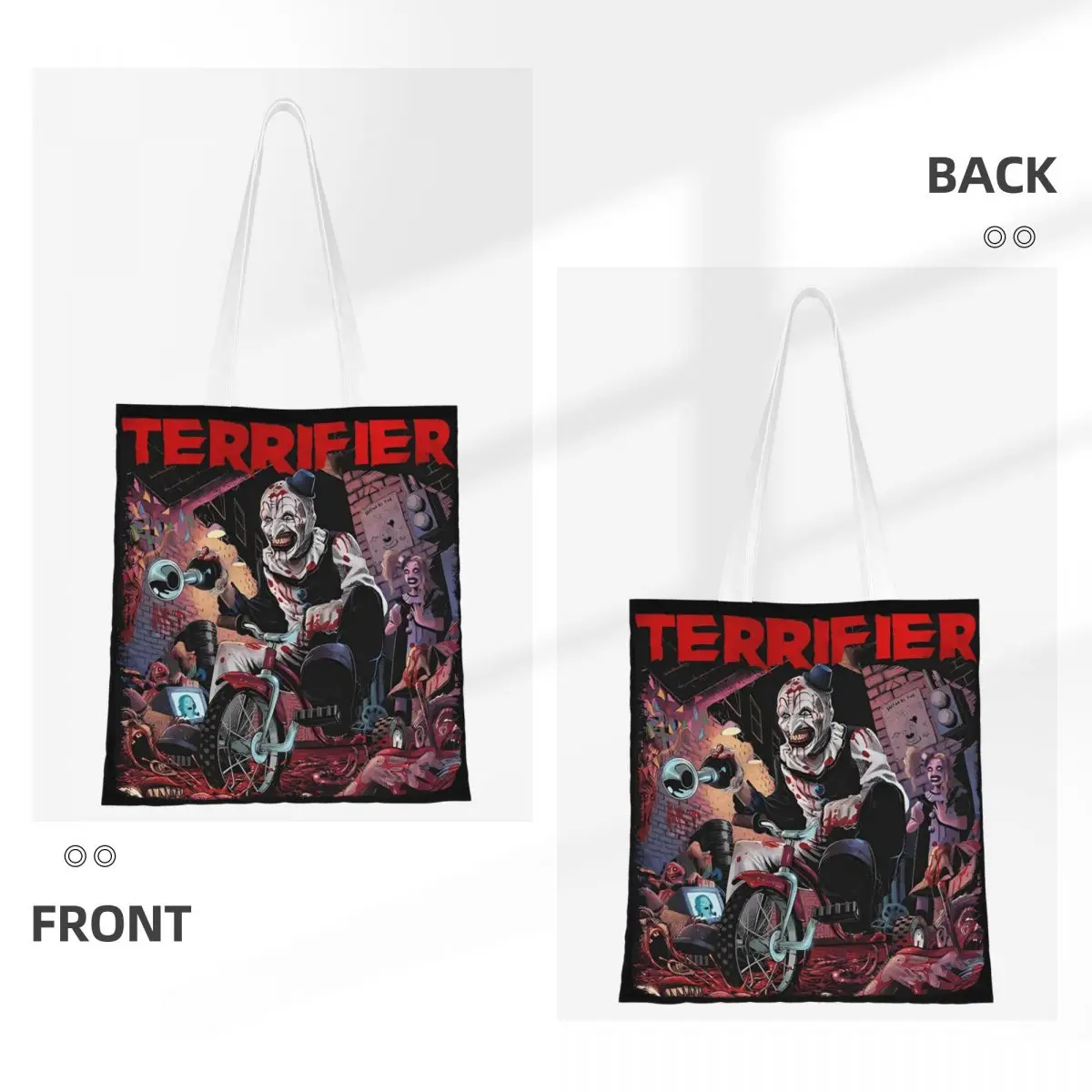 Custom Reusable Terrifiers Halloween Horror Movie Shopping Bag Women Shoulder Canvas Tote Bag Durable Grocery Shopper Bags