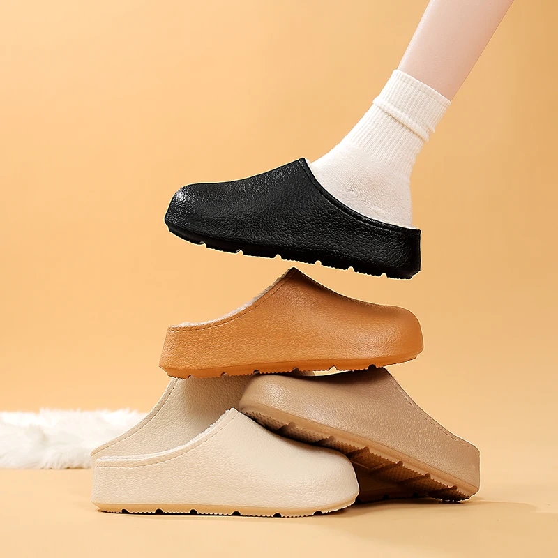 Waterproof Winter Men's Slippers Couple Plush Warm House Shoes Indoor Outdoor Soft Comfortable Lined Leather Pattern Men Shoes