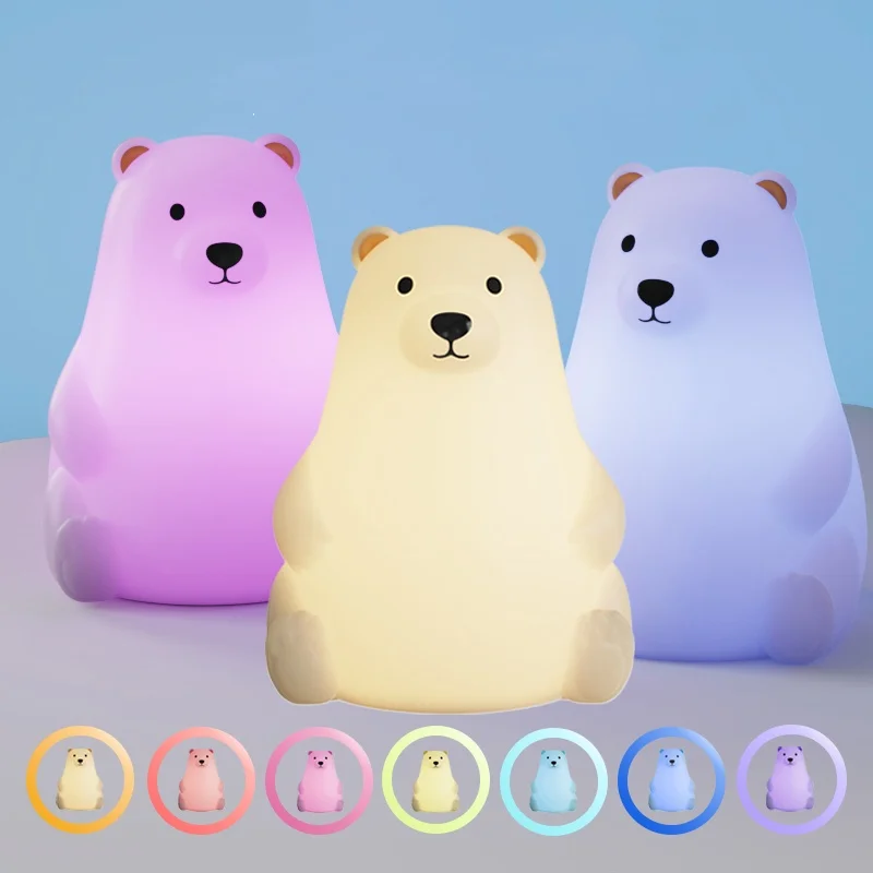 Polar bear night light, bedside pat, silicone night light can change color, pat and adjust brightness, warm light is soft