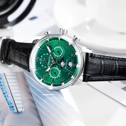 OBLVLO Men's Classic Watches Green Dial Multifunctional Automatic Watch MoonPhase Transparent Mechanical Leather Watch IM-MUT-MP
