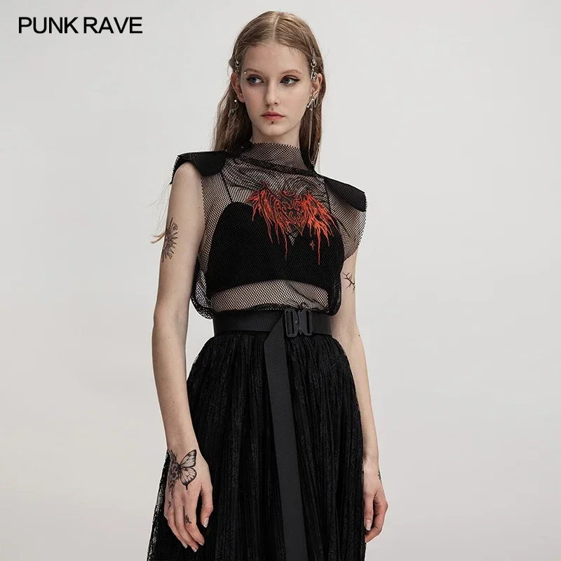 PUNK RAVE Women's Gothic Elastic Mesh Loose Fitting Vest Sexy Perspective Embroidered Casual Tank Tops