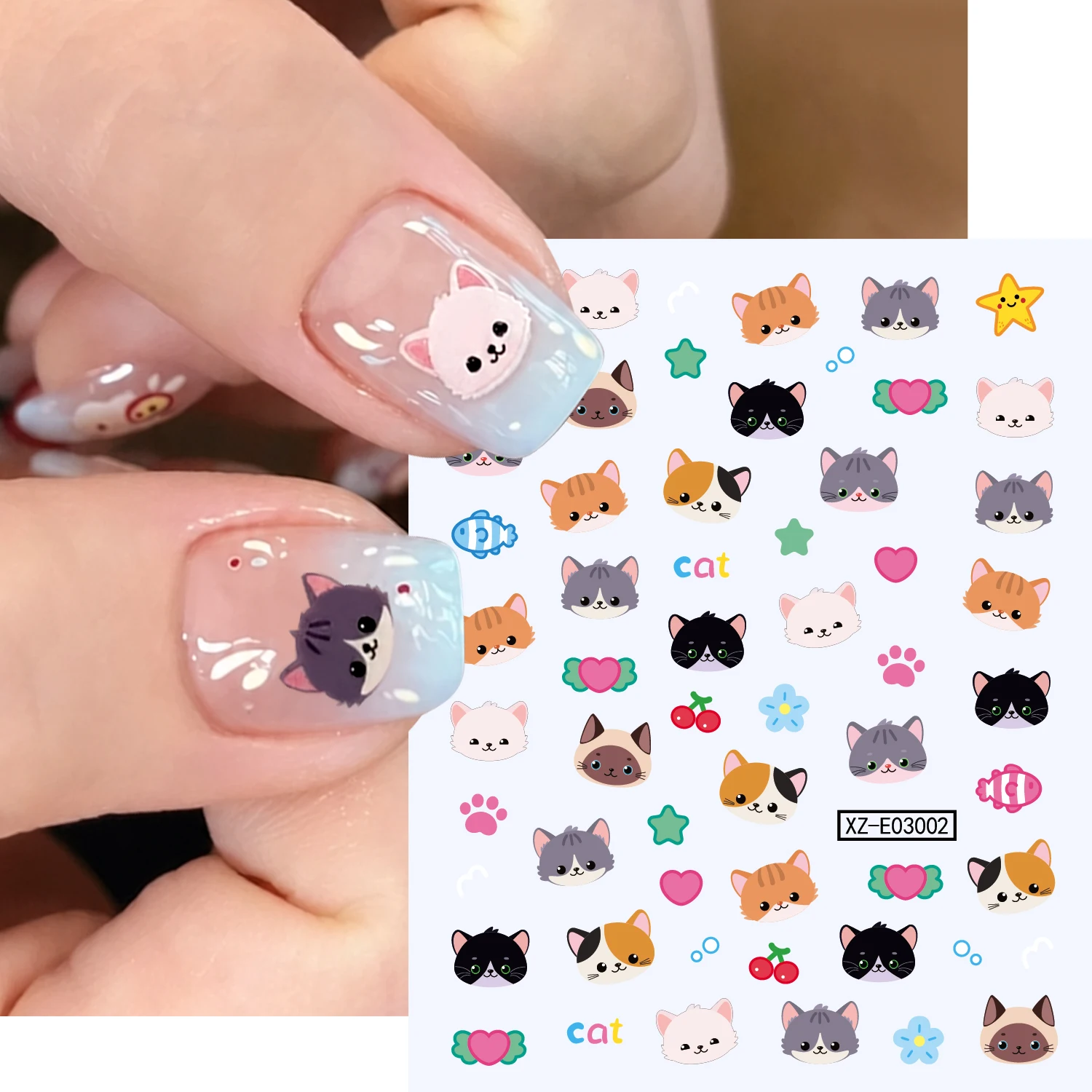 1/2 Stück 5D Niedliche Katzen-Nagelkunst-Aufkleber Mehrfarbige Kätzchenpfoten Stern Blumen Selbstklebende Nagelsticker Tier-Maniküre-Dekorationen – Detail 3