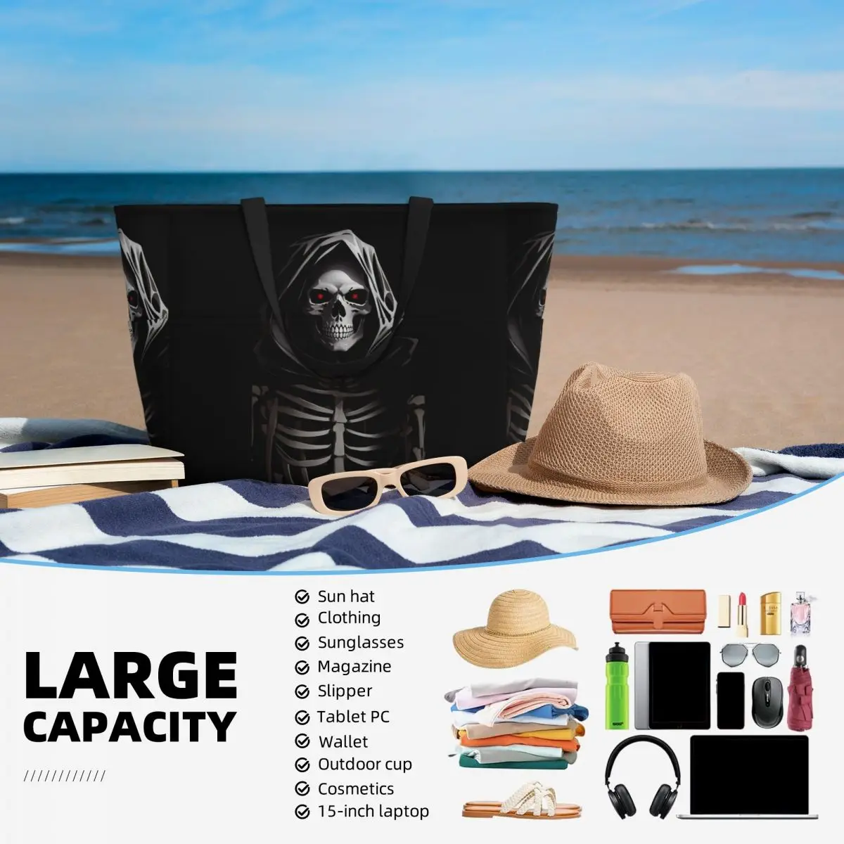 Un raccapricciante Halloween scheletro teschio borsa da spiaggia borsa sportiva palestra yoga borsone grande borsa da viaggio borsa da fitness da donna