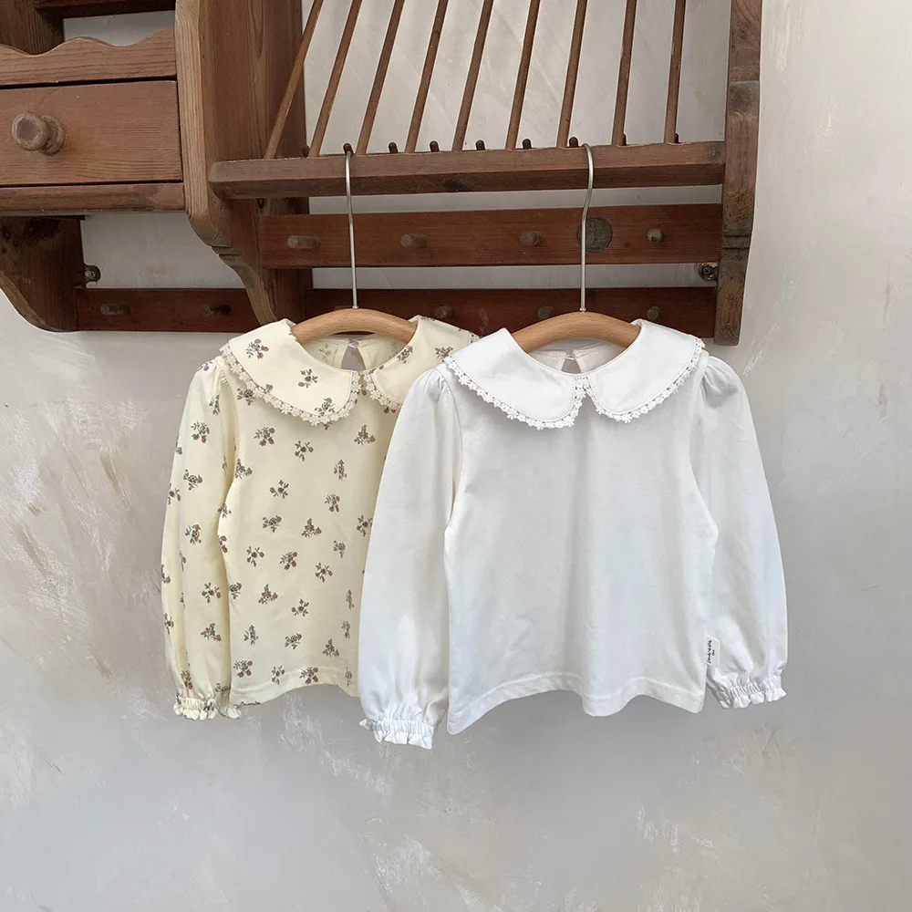 

Baby Girls T-Shirt New Spring Princess Peter Pan Collar Long Sleeved Shirt Top White Cotton Sweet Floral Bottoming Blouses