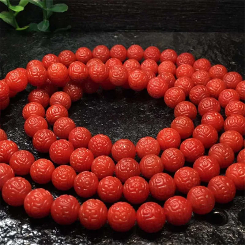 Natural Baoshan South Red Carved Fret Beads 108 Beads Bracelet Agate Bracelet