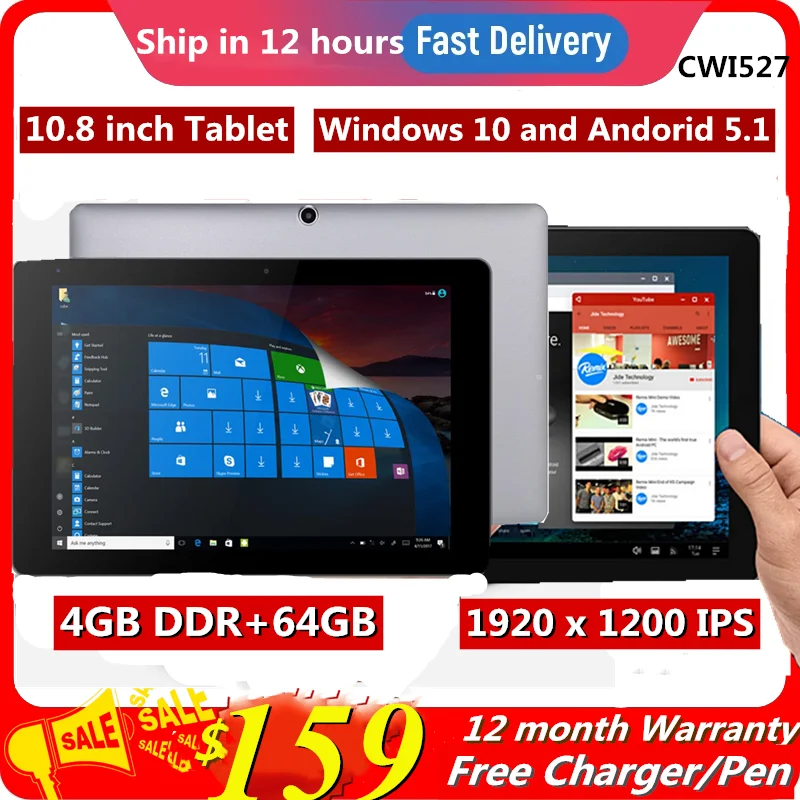 2025 Flash Sales CWI527 Windows 10 and Andorid 5.1 Tablet 10.8 INCH 4GBDDR+64GB  Dual System Z8350 CPU 1920 x 1200 IPS Screen