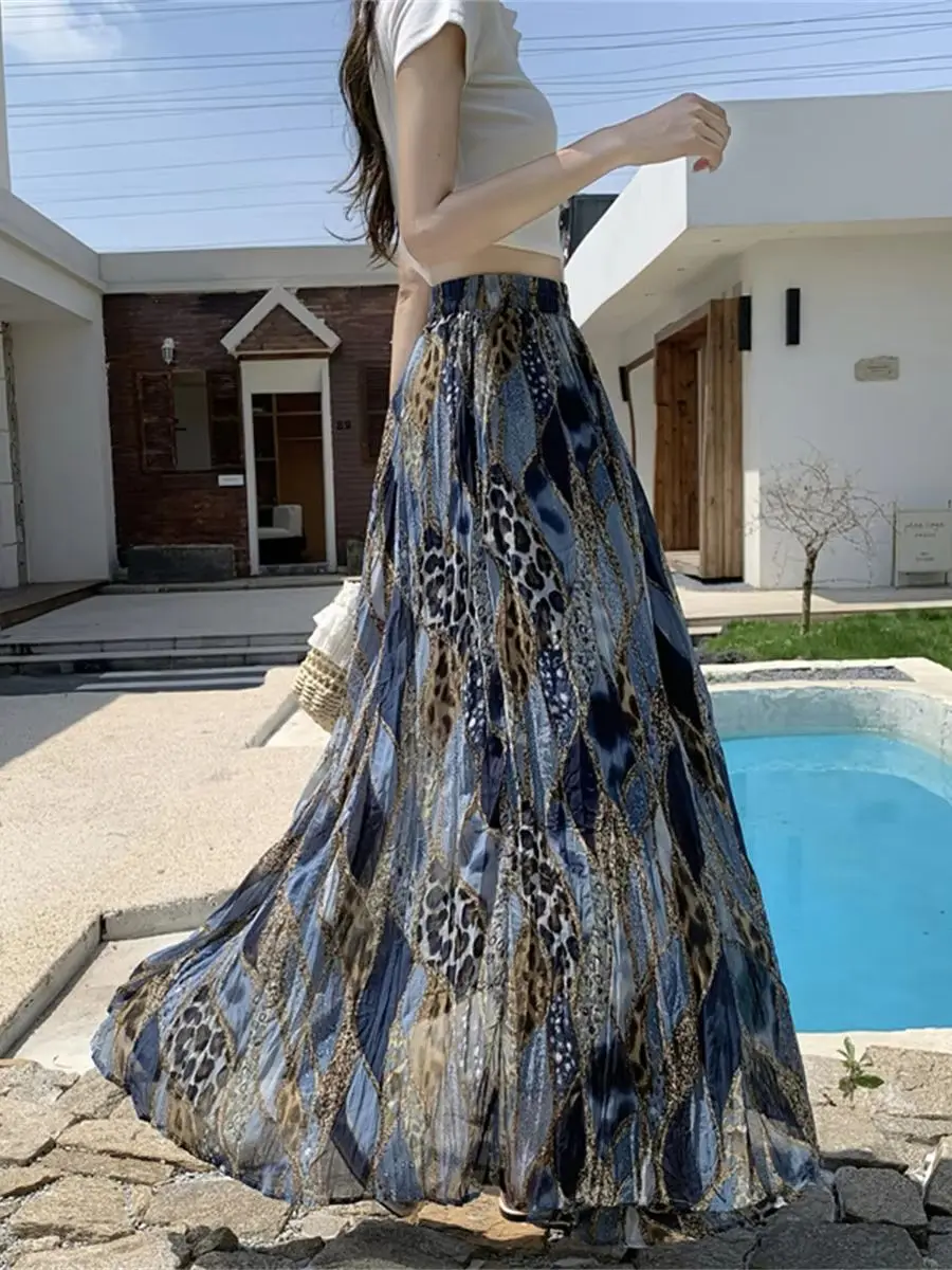 Women's Romantic Bohemian Leopard-Print Flared Skirt High-Waisted Slimming Flowing Print Midi Summer Skirt