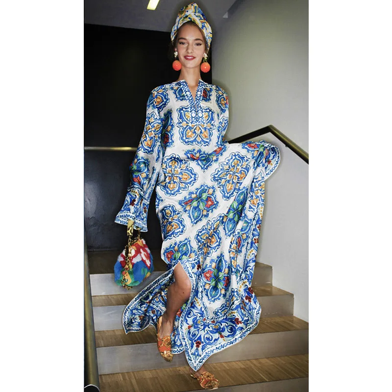 

Autumn 2023 Vintage Bohemian Beach Dress Chinese Chic Women Printed Evening Dress Light Luxury Maxi Long Printed Dresses Vestido