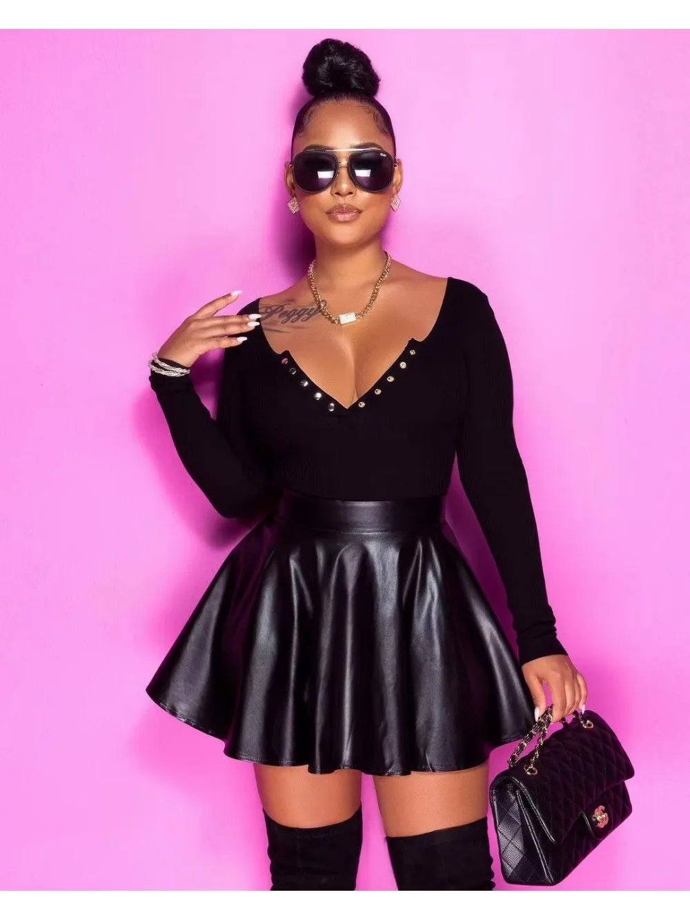 Women High Waist Faux Leather Skirt Solid Black Flare A‑Line Mini Skirt Casual Party PU Leather Short Skirts Plus Size Available