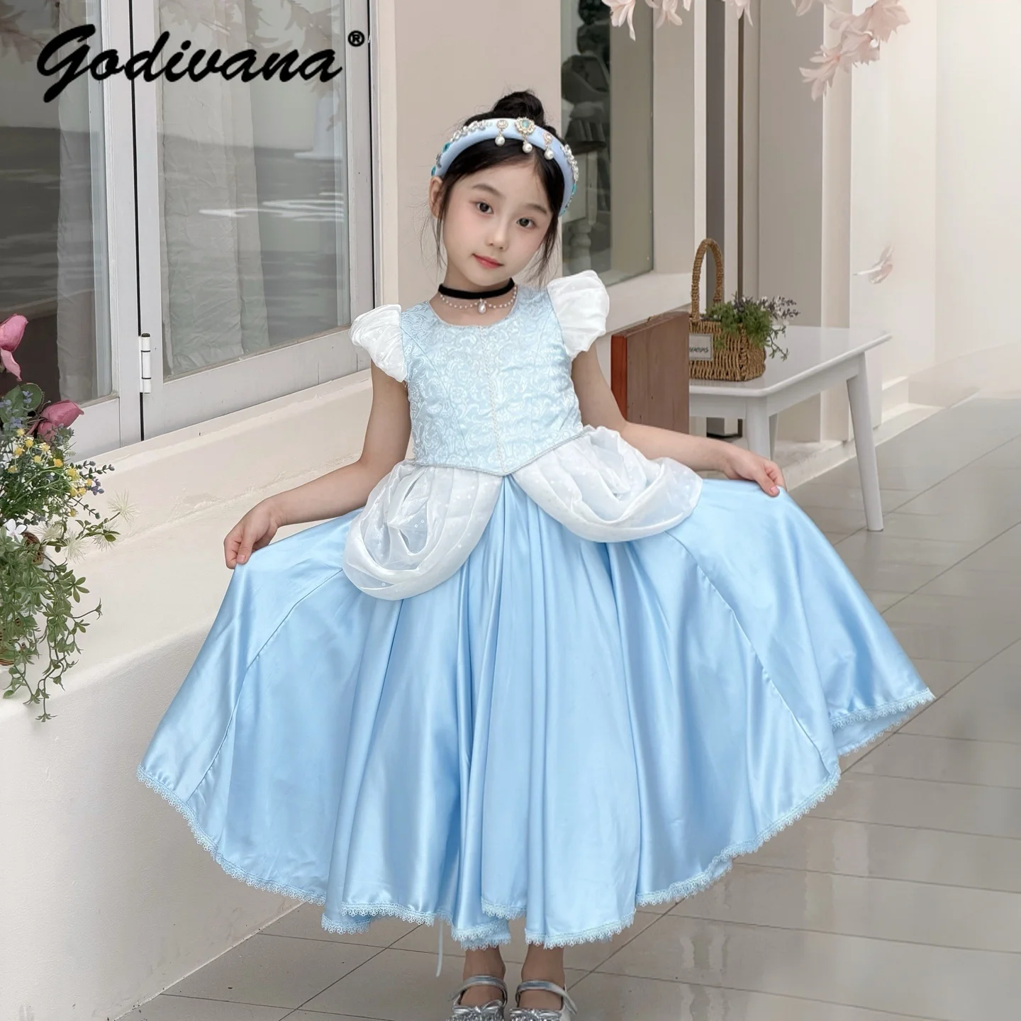 

Sweet Baby Girls Blue Princess Lolita Dress New Summer Kids Luxury Puff Sleeve Mesh Patchwork Performances Birthday Party Gown
