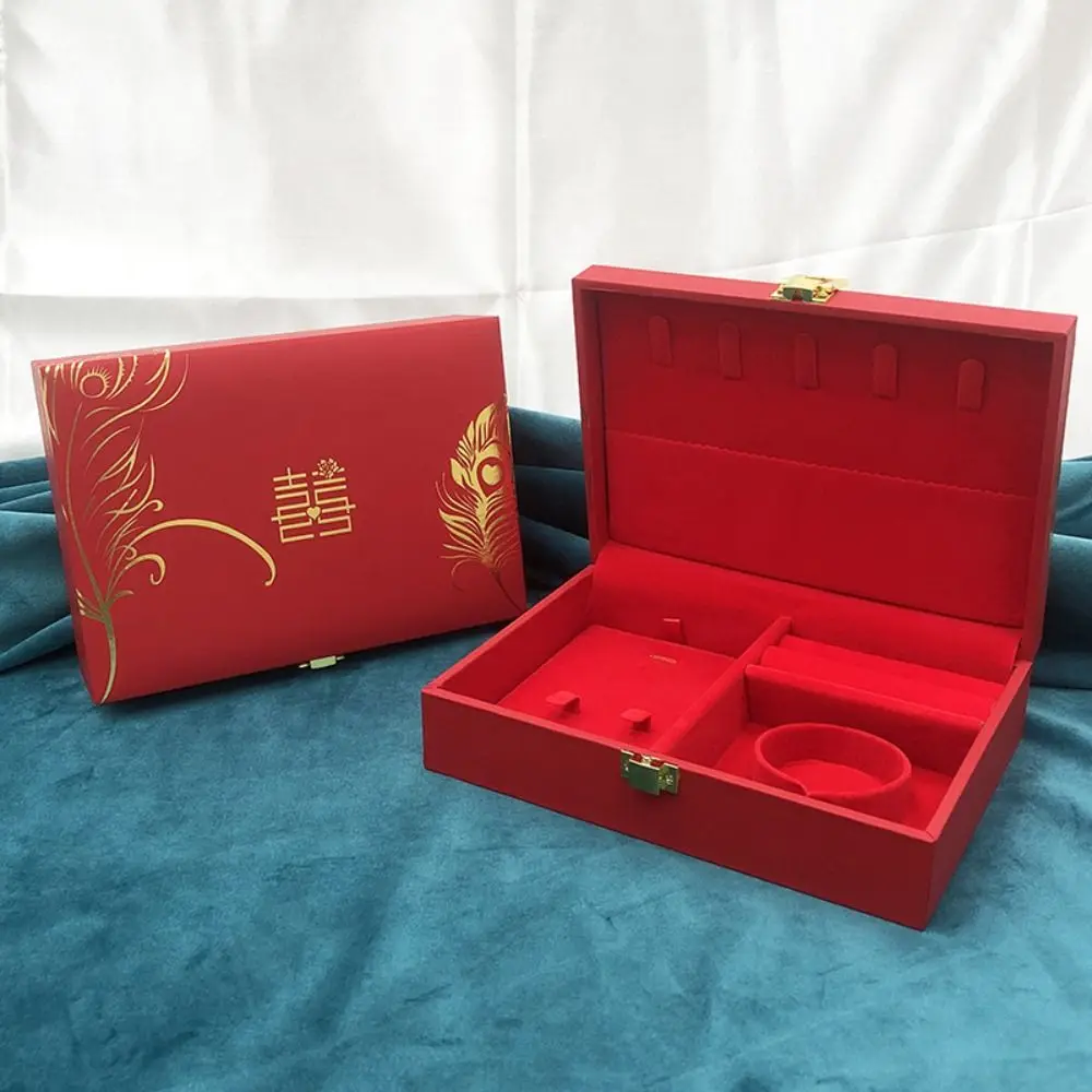 Dragon and Phoenix Golden Jewelry Set Storage Box Red Vintage Wedding Jewelry Display Box Soft Lining Multi-function