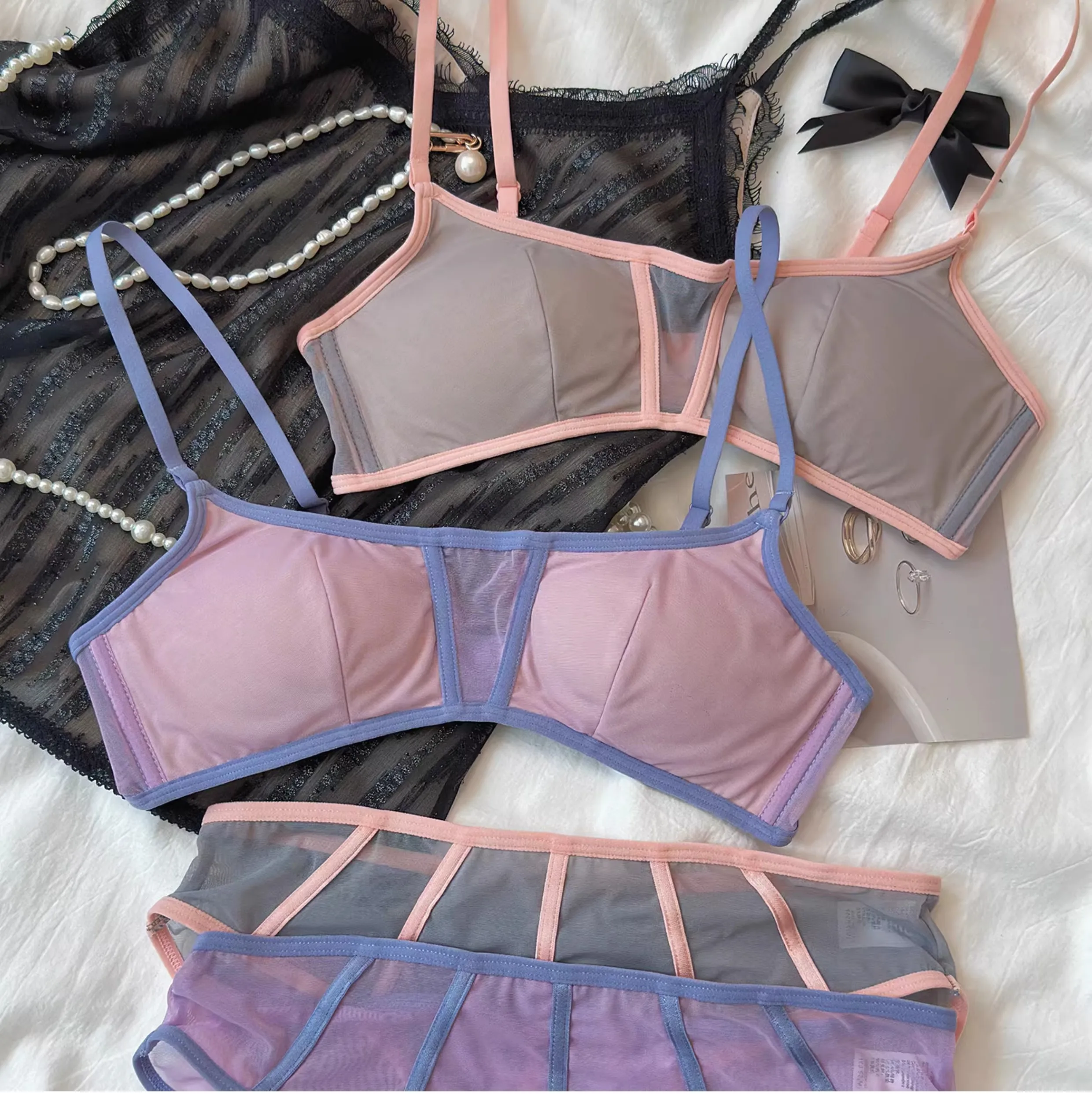 

Color collision mesh small breast underwear set thin without steel ring lingerie comfortable non-marking bra female