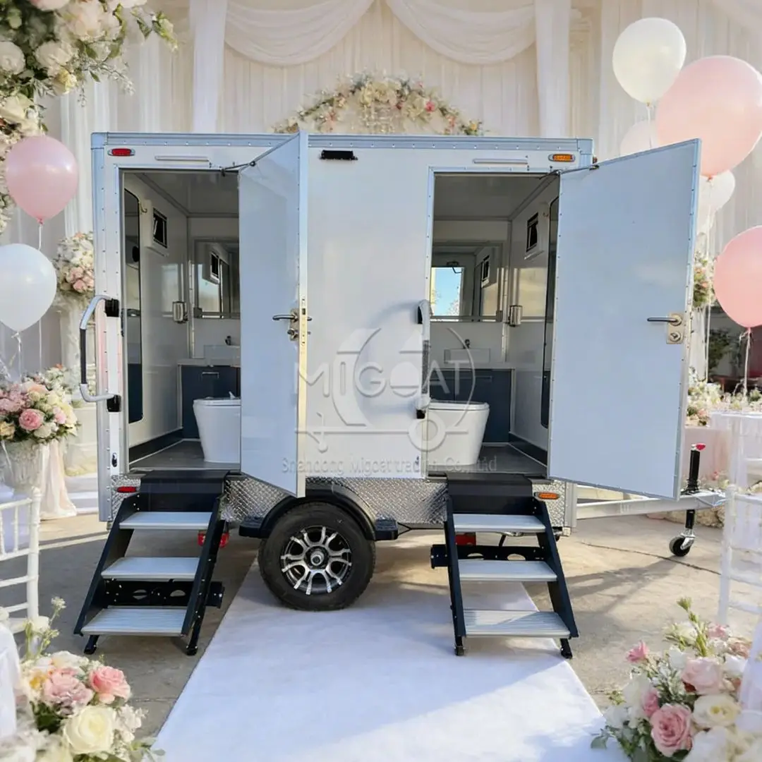 Towable Mobile Restroom Trailer for Outdoor Wedding Camping with  Separate Stalls Storage Handwashing Facilities Portable Toilet