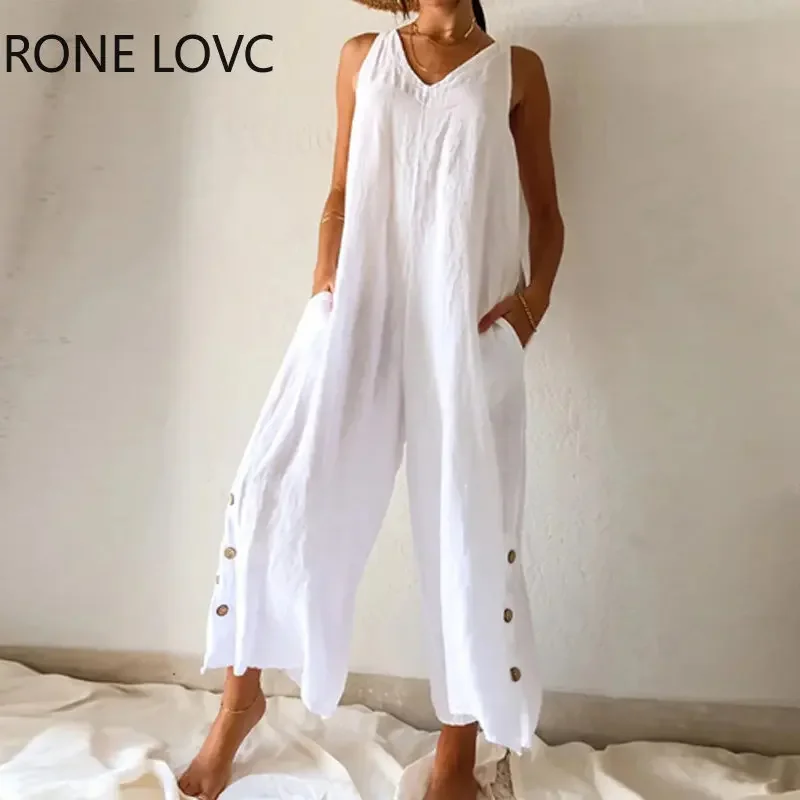 

2023 Women Pastel Pocket Button Decor Wide Leg Sleevless Loose Fit Jumpsuit