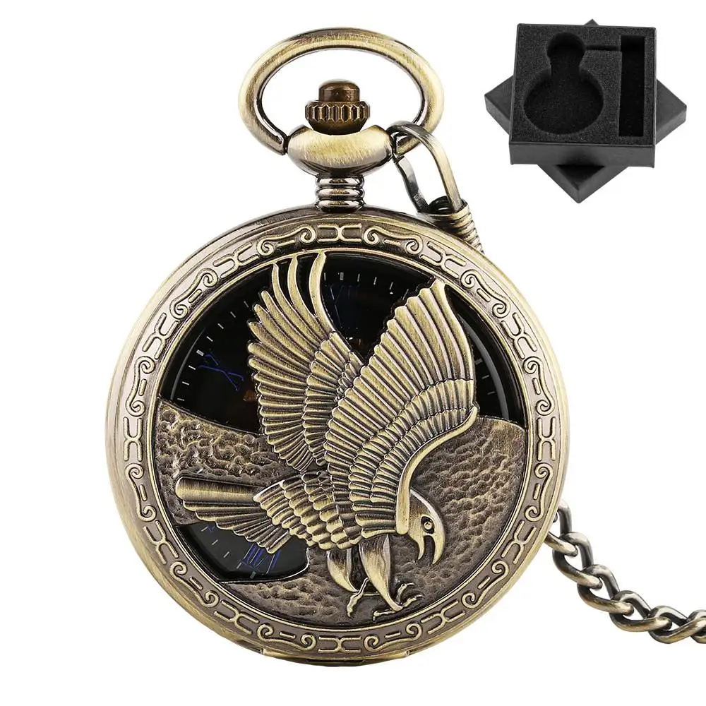 Steampunk Retro Bronze Eagle Mechanical Hand Winding Pocket Watch Blue Roman Numerals Dial Pendant Clock with Fob Chain Gift