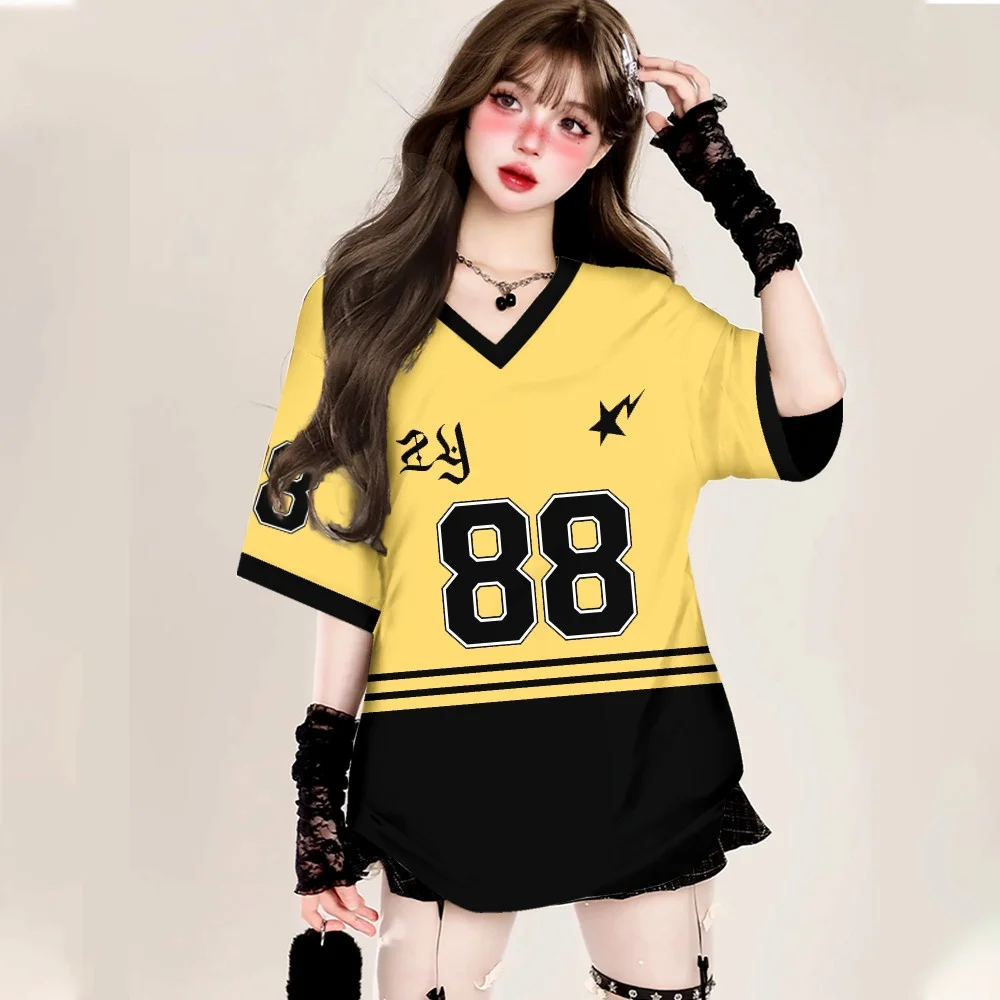 

2025 Womens NO.88Print yellow Female Summer Basic Short Sleeve O-Neck Tees Casual Retro Ladies Sport Plus Size Women Clothing