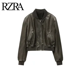 RZRA women's 2024 new vintage imitation leather bomber jacket coat tops women's street style short leather jacket