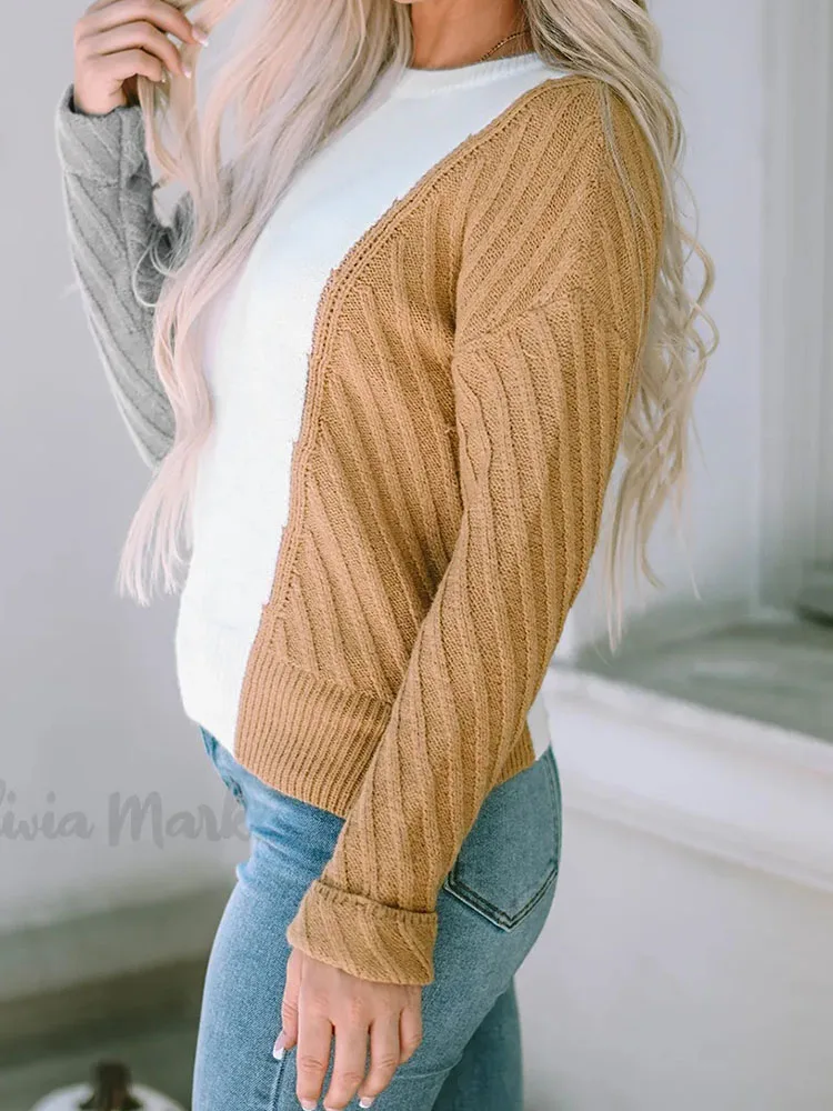 

Women's Autumn/Winter Street Fashion Casual Top Harajuku Beautiful Color Block Round Neck Knitted Pullover Sweater Y2k Clothing