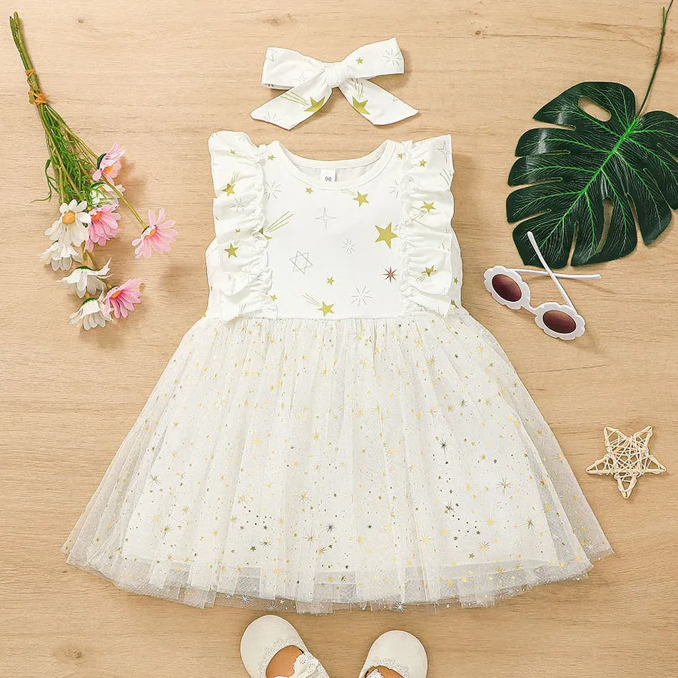 

Girl Casual Dress Kid Summer One-Piece Short-Sleeved Crimping Tutu Tulle Ballet Skirt Art Photo Dress Up Pleat Star Ball Gown