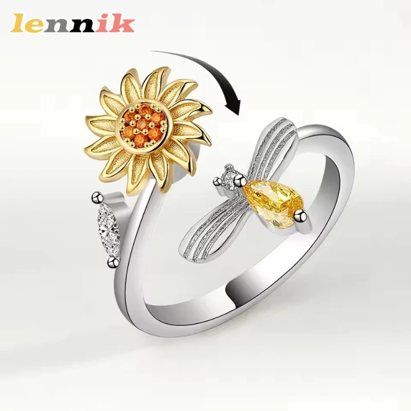 LENNIK Freigabedruck, Kupfer-Mikro-Intarsien-Zirkon, rotierender Sonnenblumen-Bienen-Zeigefingerring, kann Spannung entlasten, Damenschmuck