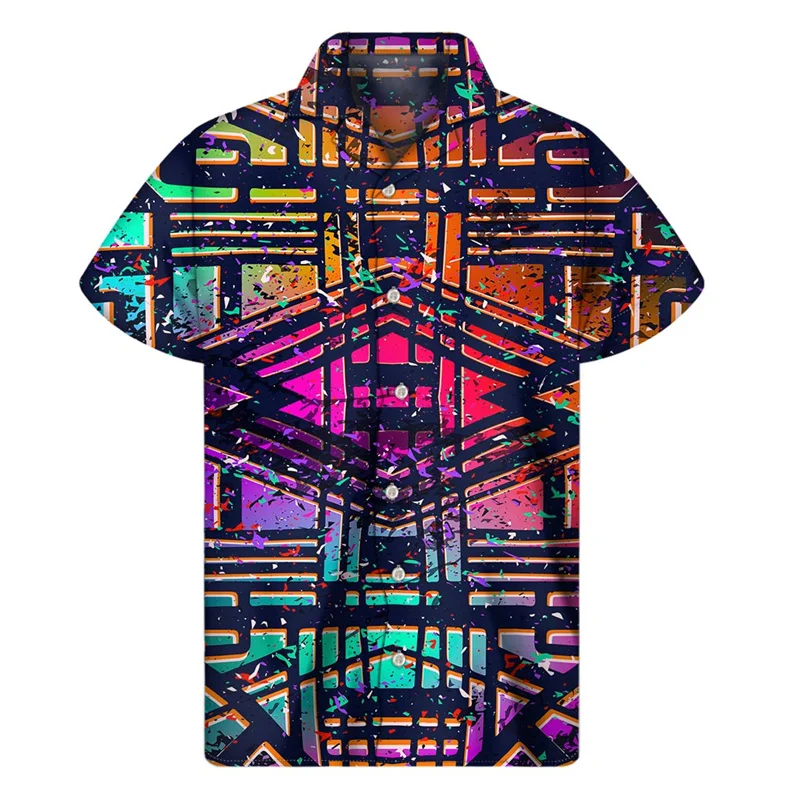 

Retro Mexico Aztec 3D Print Hawaiian Shirts Men Colorful Ethnic Totem Graphic Lapel Button Shirt Street Short Sleeves Blouse