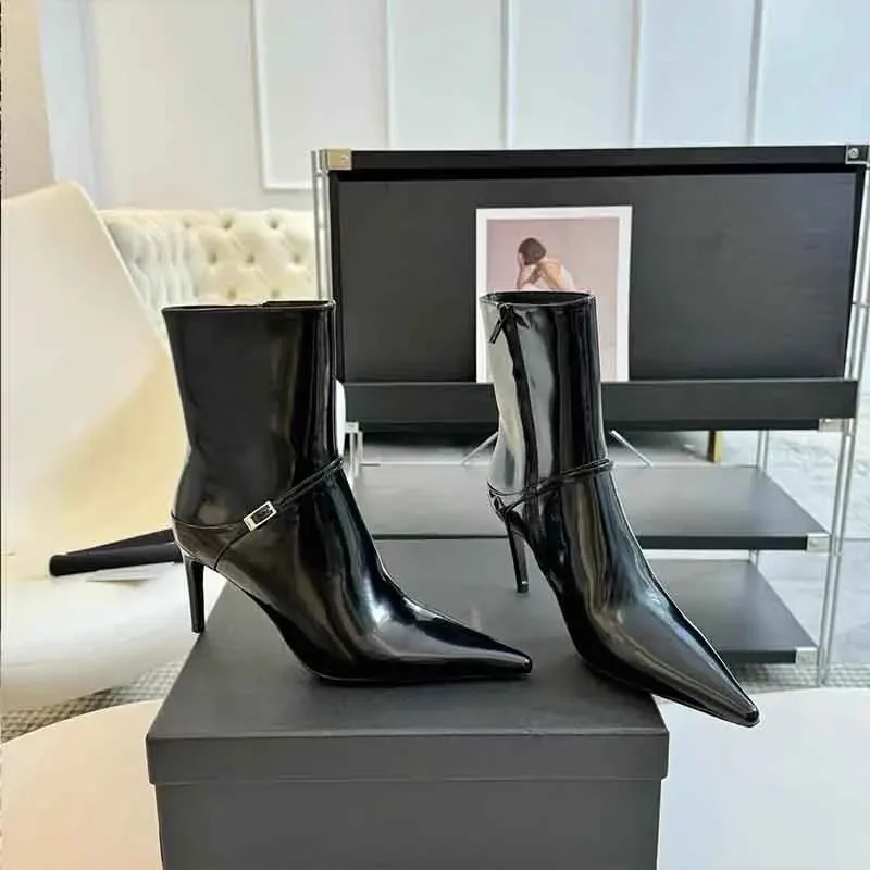 

2024 New High-Heeled Pointed Short Boots Women's Metal Buckle Fashion Thin Heel Thin Side Zipper Women's Boots