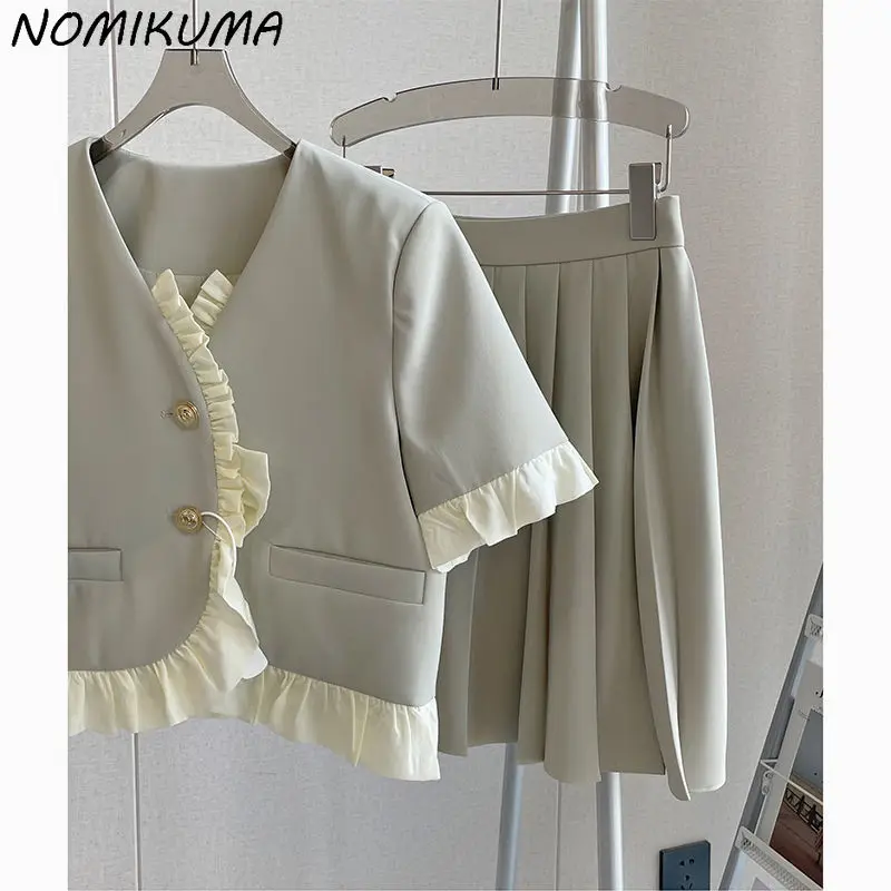 Nomikuma 2023 Summer Women Sets Sweet Ruffle Hit Color Patchwork Short Sleeve V-neck Tops + High Waist Causal Mini Pleated Skirt