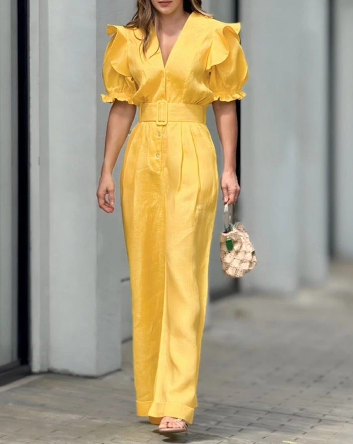 

Women's Jumpsuit 2024 High Waisted Solid Color Puff Sleeve Frill Hem Y2K Rompers Ruffled Jumpsuit V-Neck Long Jumpsuit with Belt