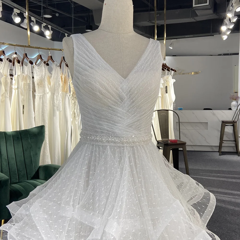 Vestido de novia de línea a sin mangas con cuello en V, vestido de novia escalonado con lentejuelas, largo hasta el suelo, para mujer, LSSG018