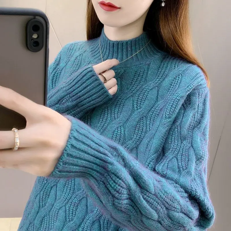 

2023 Autumn and Winter Women's Mock Neck Sweater Casual Cable Pullover Long Sleeve Loose Sweater Street Fashion Sweater F32