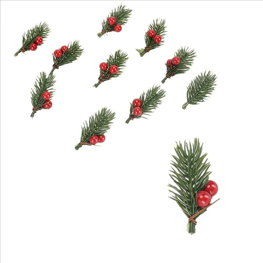 Mini Künstliche Kiefernnadeln & Rote Beeren-Sträuße, Stechpalmenzweige Weihnachtsschmuck, Heim-Innendekoration für Esstisch & Party – Detail 9
