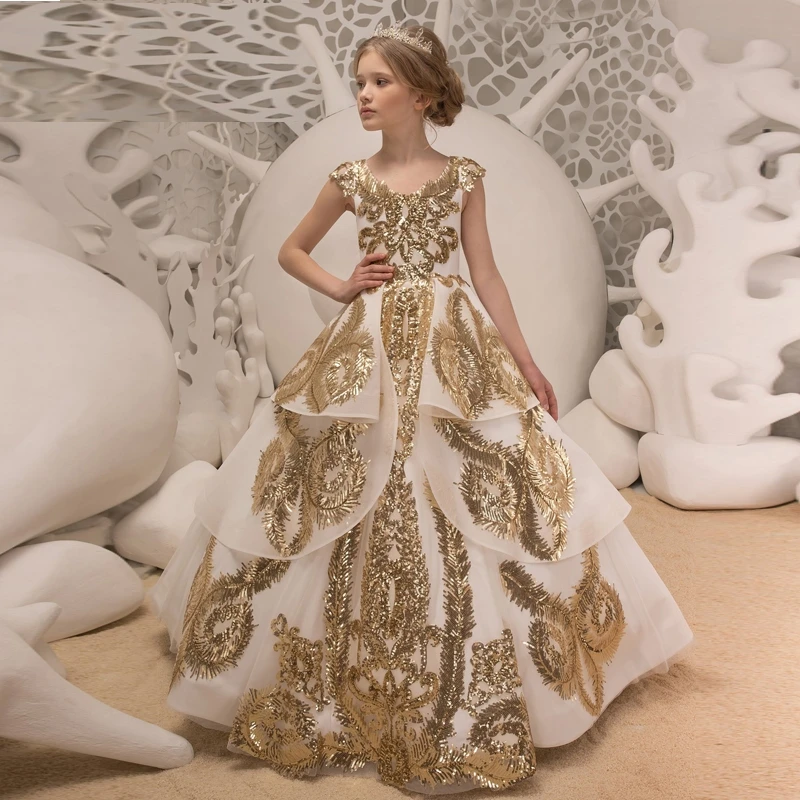 2023 New Luxury Upscale Children's Princess Model Catwalk Female Performance Gold Flower Girl Dress