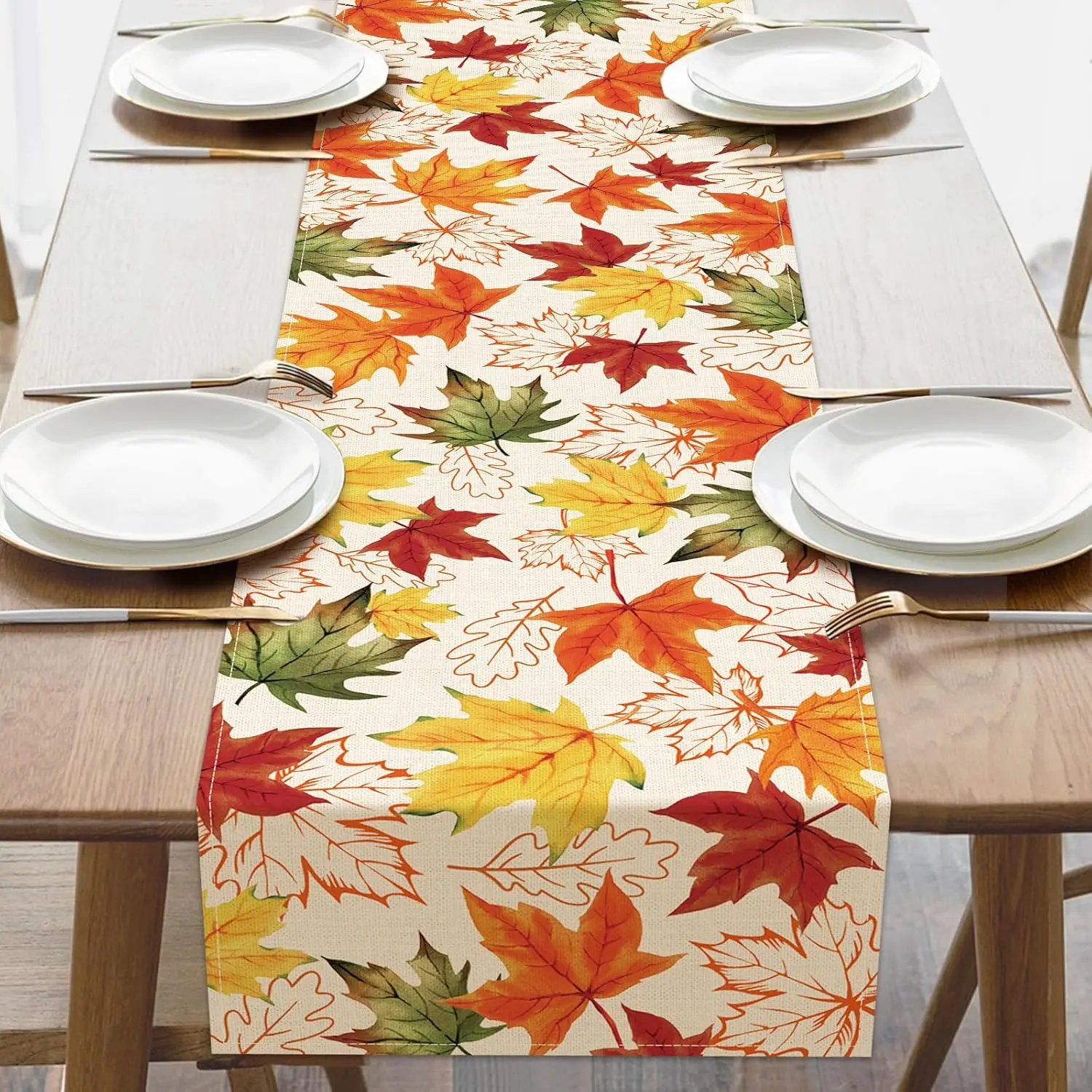 Fall Watercolor Maple Leaves Linen Table Runner for Table Decoration Autumn Thanksgiving Theme Table Runners Kitchen Party Decor