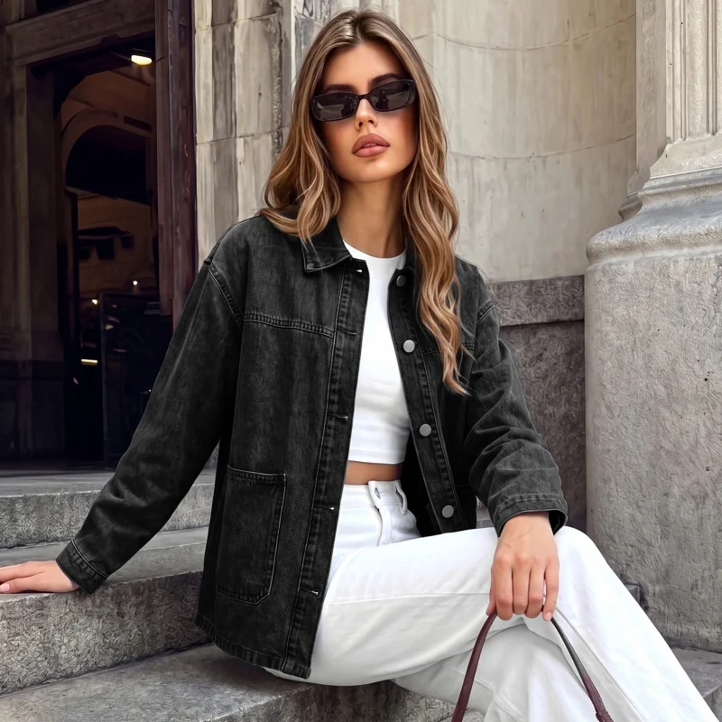 Versatile Loose Shoulder Lapel Denim Jacket Long Sleeved Single Breasted with Double-Sided Large Patch Pockets Layered Style