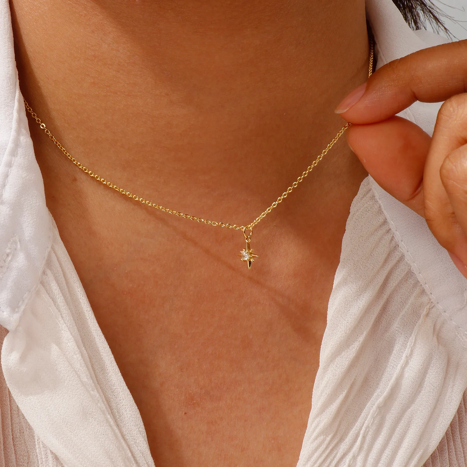 Brass Polaris Star Pendant Charm Necklace 18K Gold Plated Link Cable Chain 45cm+ 5cm For Women Clear Cubic Zirconia Galaxy Gift
