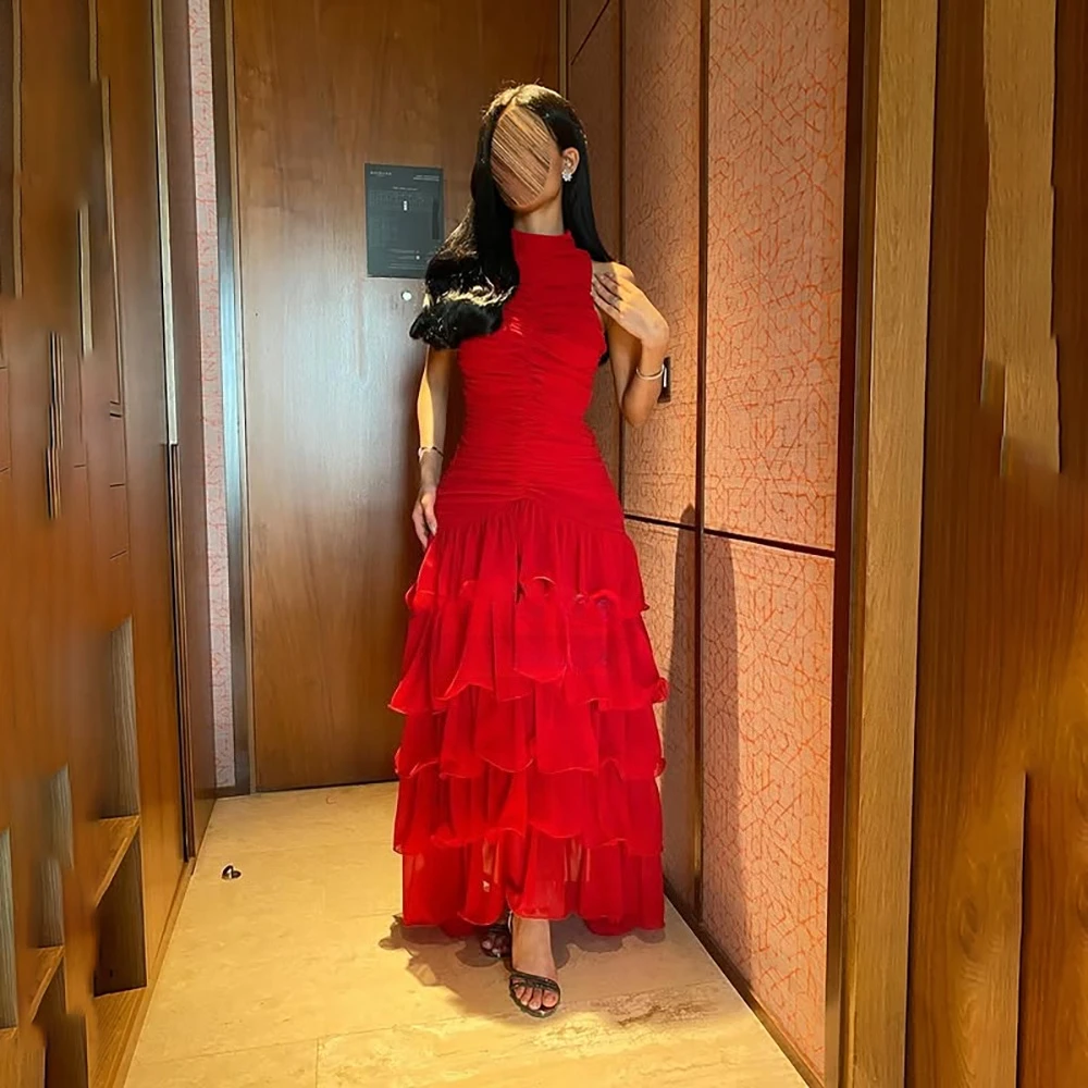 

Red Evening Dress for Women High Neck Sleeveless Tiered Pleat A Line Formal Party Dress Ankle Length Evening Gowns Customized