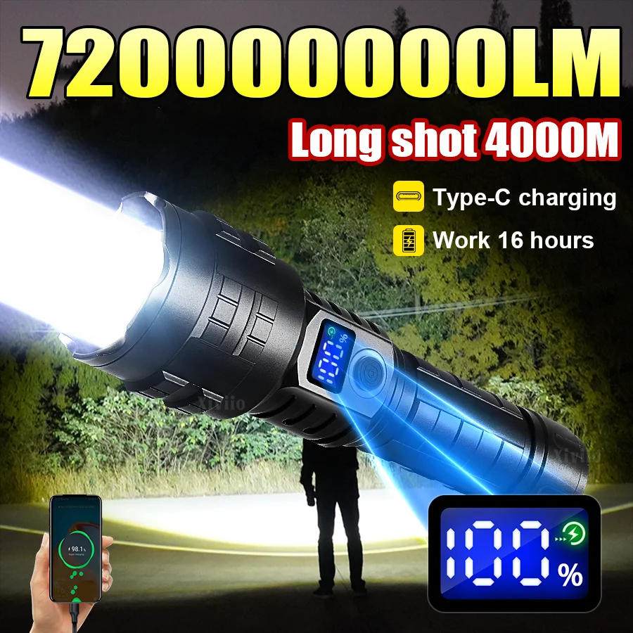 NEW 720000000LM Most Powerful LED Flashlights Ultra Bright Long Range 4000M Torch Light Zoomable Portable Lamp Outdoor Fishing