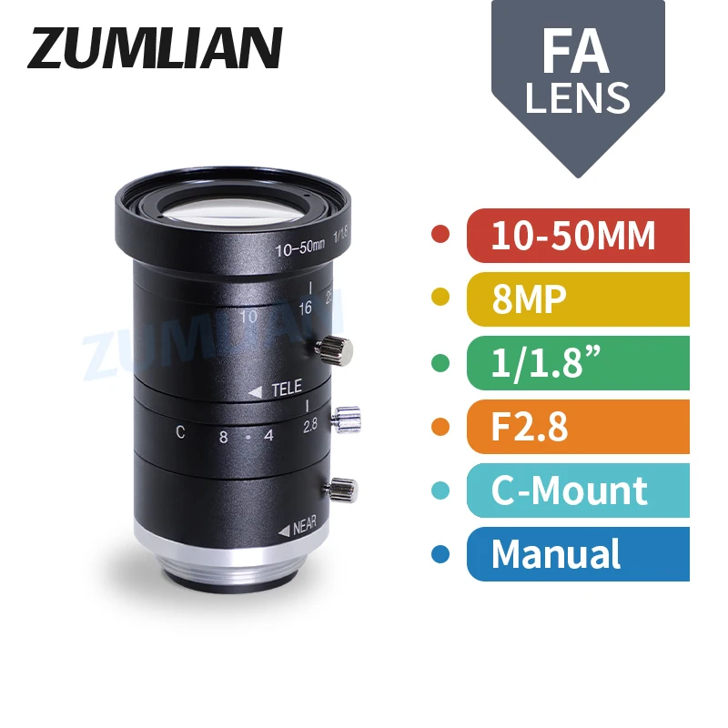 FA Lens 8MP C-mount 10-50mm Lens low distortion manual Iris Machine Vision Lens 1/1.8-inch F2.8,Varifocal zoom camera CCTV LENS