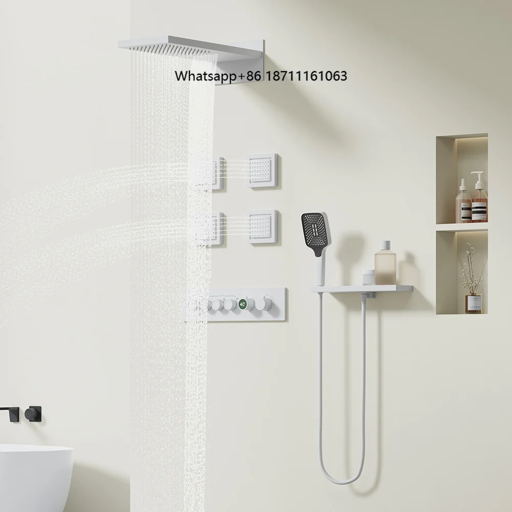 Modern Nordic Polished Thermostatic Rainfall Jet Ceiling Shower System Single-Handle Concealed Bathroom Set Brass Featuring