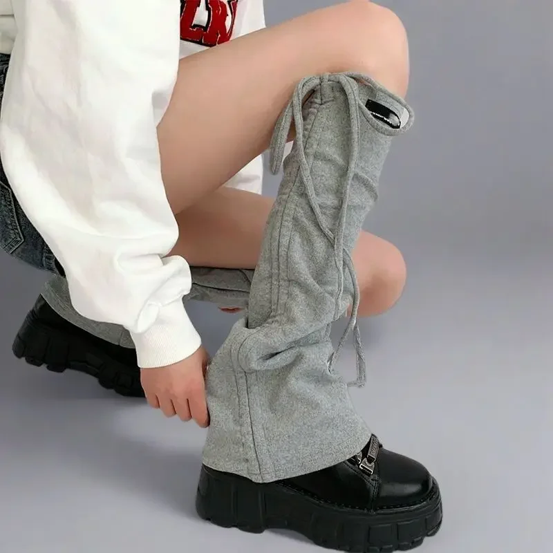 

Japanese Hot Girl Y2k Stacking Socks Grey Skinny JK Leg Covers Versatile Drawstring Strap Flare Long Socks for Women Leg Warmers