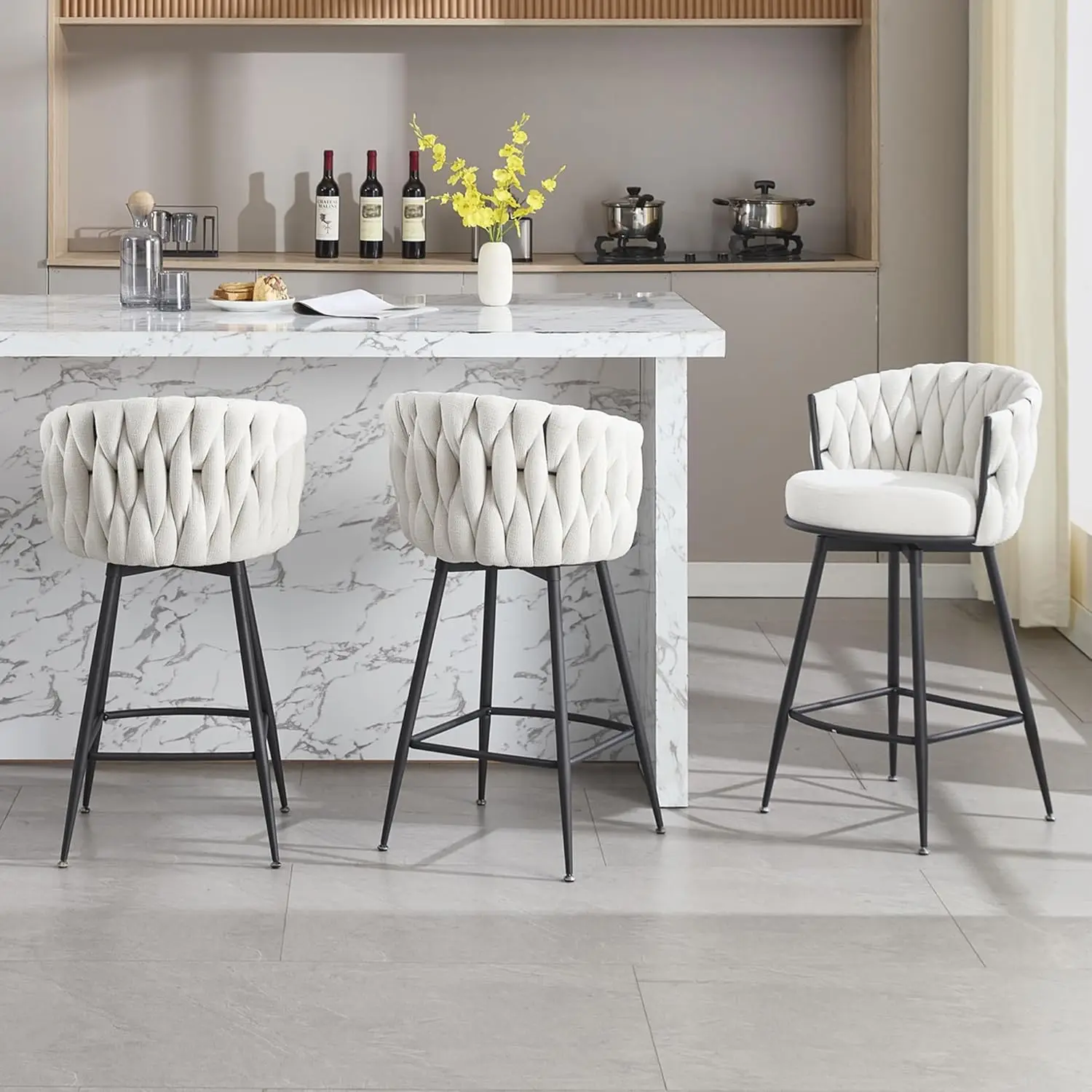 

Bar Stools Set Of 3 For Kitchen Counter, 26 Inch Modern Fabric Counter Height Barstools, 360° Swivel Bar Chairs, Customized