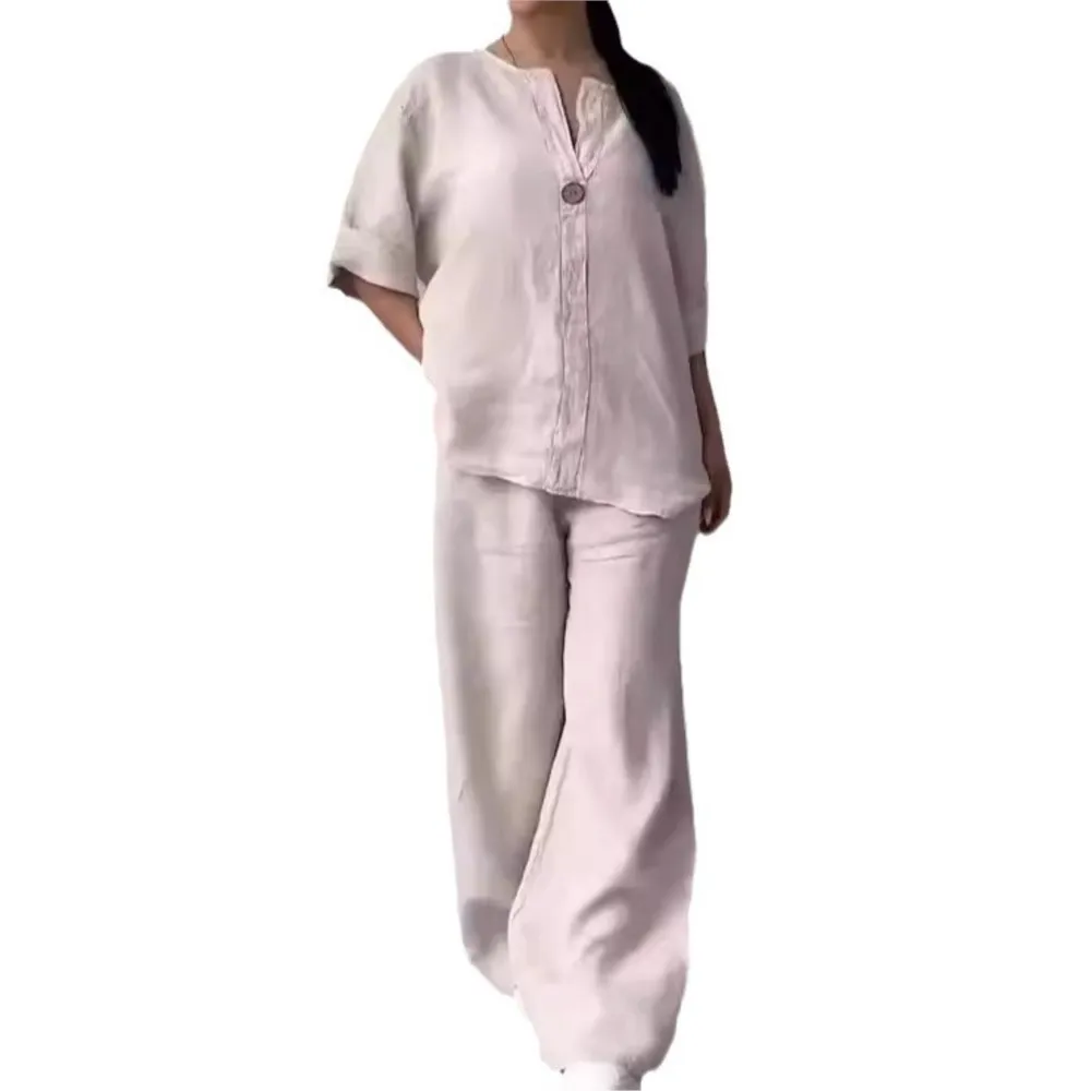 Camicia da donna in cotone e lino a maniche lunghe con scollo a O alla moda, primavera autunno, pantaloni tascabili casual in tinta unita, set da 2