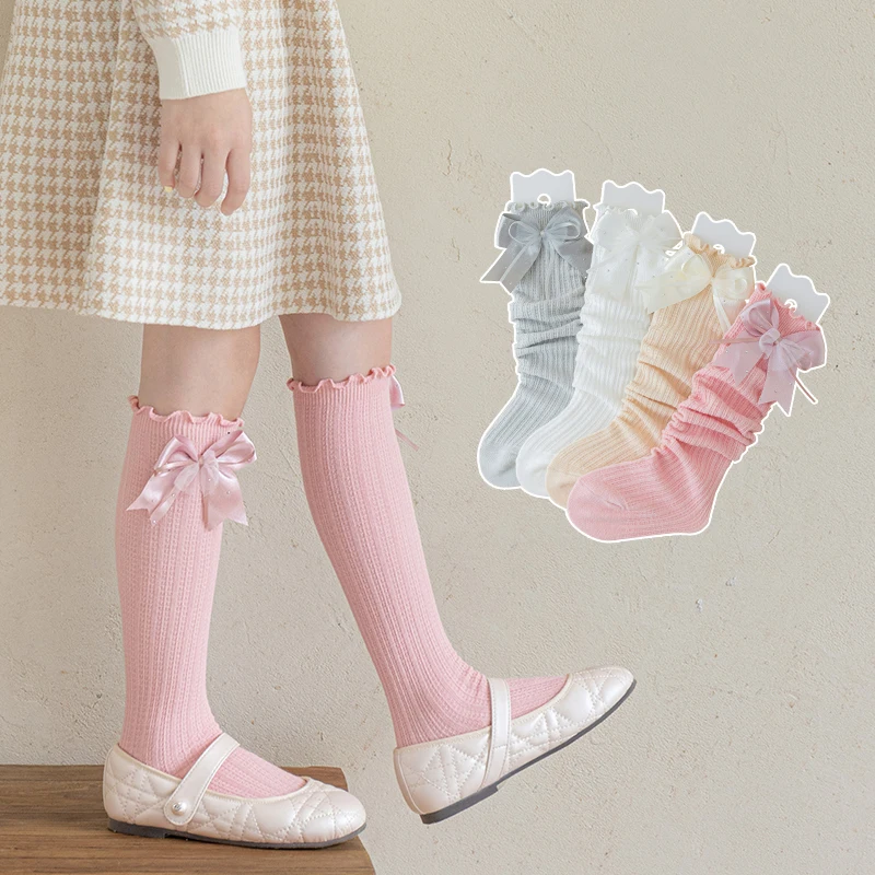 Pretty Cute Girls Calf Socks Lovely Tiered Bow Ornaments With Dazzling Rhinestone Accents Premium Elastic Gentle Soft Stockings