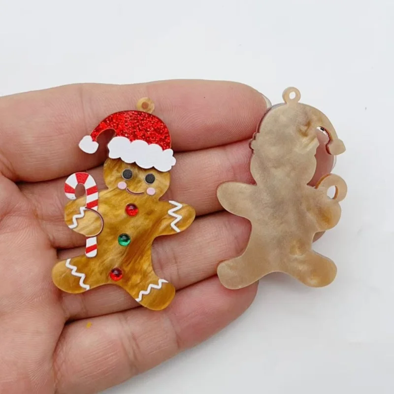 5Pcs Xmas Gingerbread Man Acrylic Pendants Santa Hat Candy Cane Charms DIY Jewelry Craft Supplies