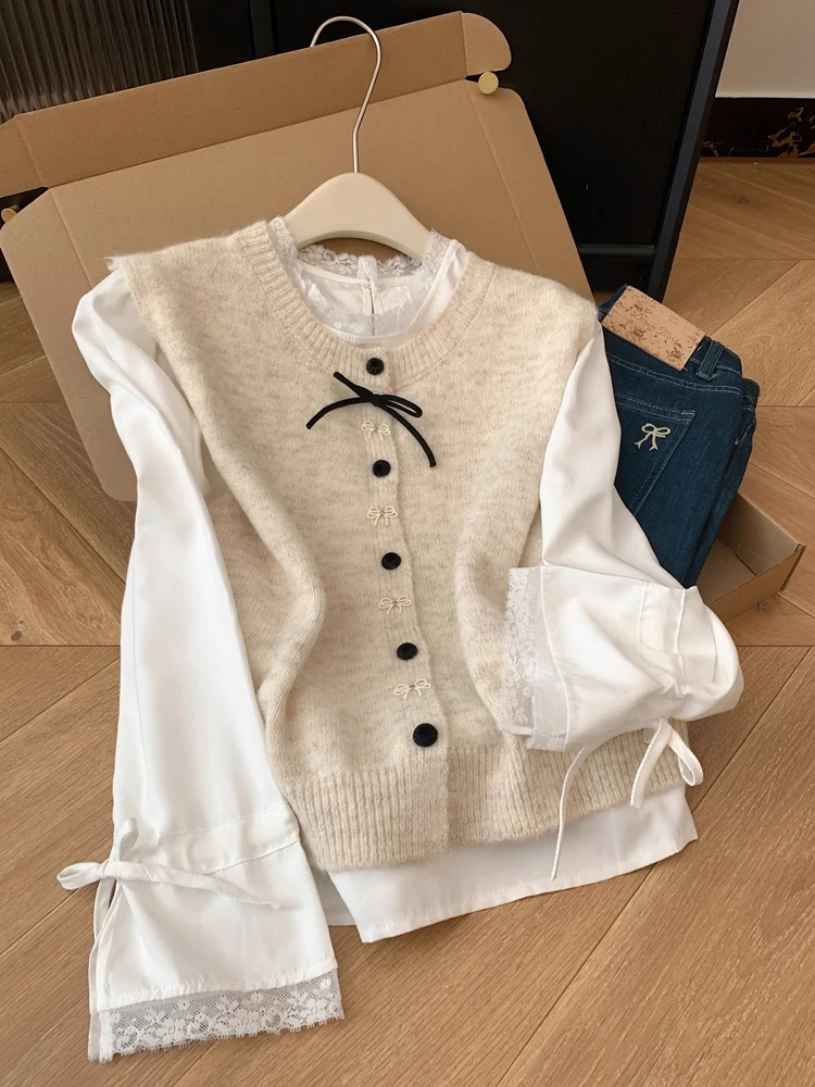 

Stunning Two-Piece Winter Outfit Large Size Women's Lace Patchwork irt Vest Set High-End Feel Small Fraance Sle