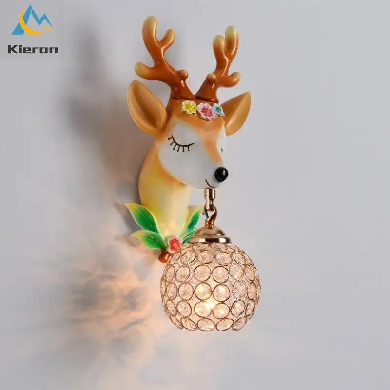 Nordic Modern Deer LED Wall Lamp Bedroom Study Restaurant Bedside Crystal Wall Lights Living Room Decoration Deer Head Wall Lamp
