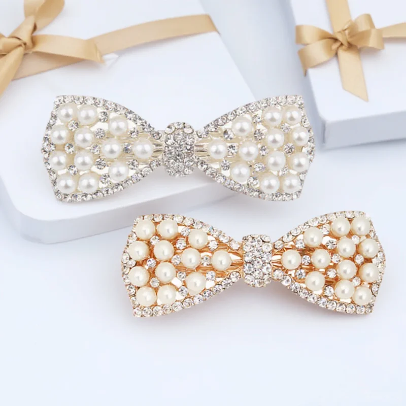 

2Pcs Rhinestone Pearl Bow Hairpins Bowknot Clip for Any Hairstyle School Reward Gift Decor Bow Hair Clips Women Hair Clips