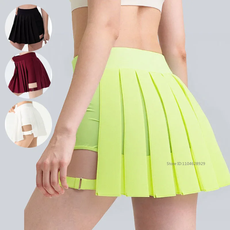 Women Punk Style Tennis Sports Skirts Ladies High Waist Buckle Golf Skirts Ladies A-lined Slim Pleated Pantskirt Running Wear