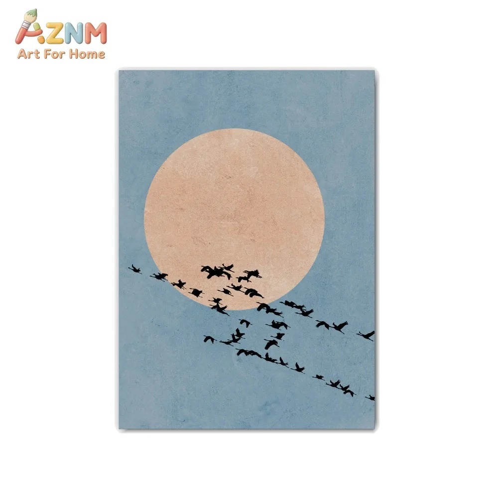 AZNM 3Pcs Abstract Blue Sunset Canvas Wall Art, Minimalist Bare Tree Flying Birds Sun Print Frameless Canvas Painti
