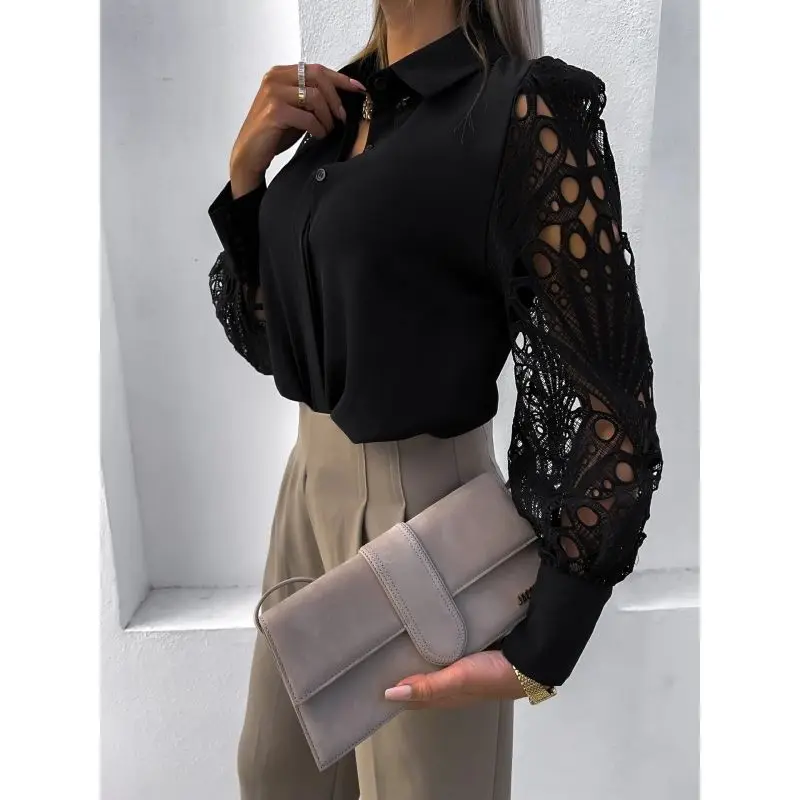 

2026 Spring and Summer New Women's Solid Color Hollow Lace Splicing Shirt Shirt Women's Base Outer Wear